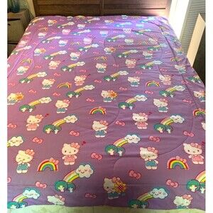 Sanrio Hello Kitty Purple Rainbow and Clouds Twin Comforter Reversible Pink